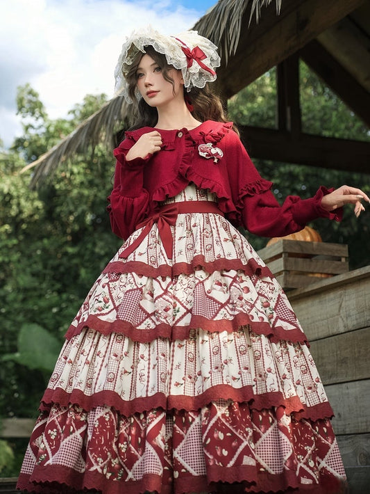 Apple Print Lolita Cardigan Cottagecore Gingham + Red Dress and