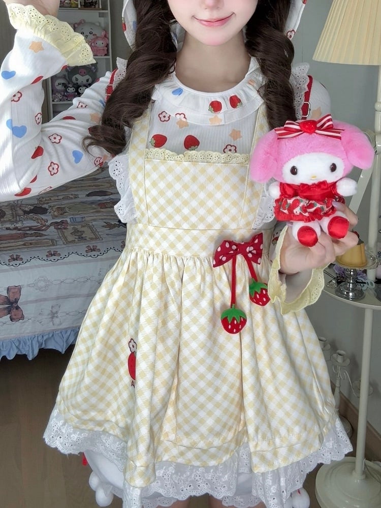 Flutter Dot Plaid Charm Bow Yellow Polka Trim Apron - Lace Strawberry Sleeve