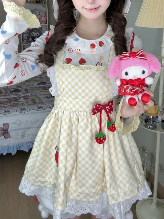 Flutter Dot Plaid Charm Bow Yellow Polka Trim Apron - Lace Strawberry Sleeve