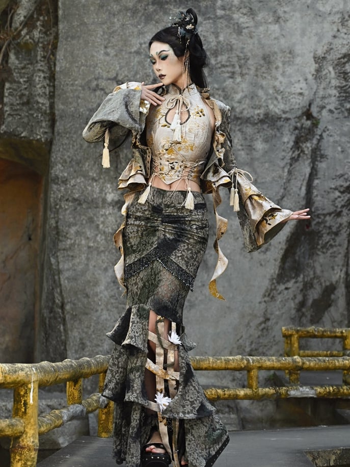 グリーンタイフラワーバードケージヘムラインマーメイドスカート