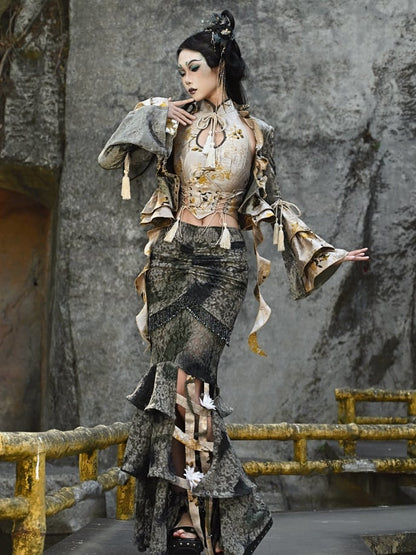 グリーンタイフラワーバードケージヘムラインマーメイドスカート