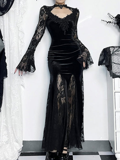 Halloween Gothic with Bell Sleeves Floral Mermaid Black Dress Lace