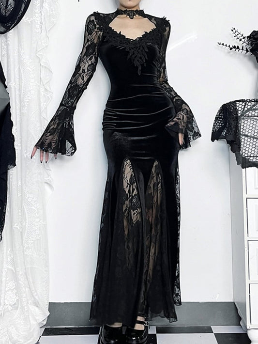 Halloween Gothic with Bell Sleeves Floral Mermaid Black Dress Lace