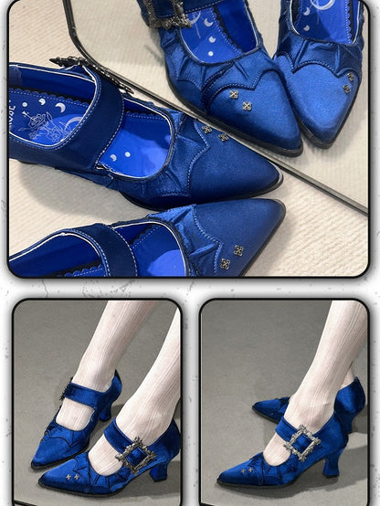 Satin Klein Blue 6.5CM Pointed Toe Heels with Bat Wing and Square Buckle Gothic Accents - NRose