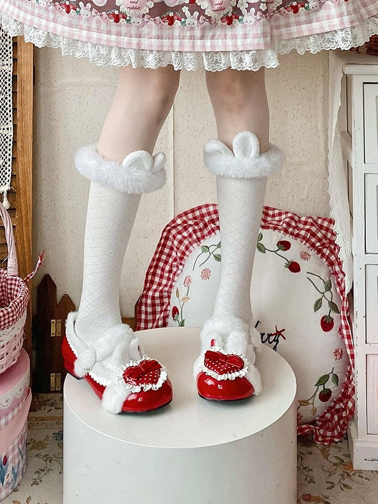 Red Bunny Fur-Trimmed Heart Detail Flat Winter Shoes - Cute Bunny