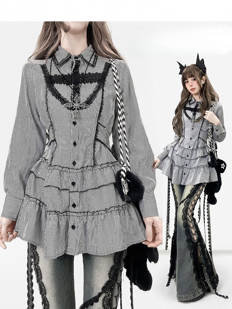 Strap Shirt Bittersweet Stripe Self-tie Black -