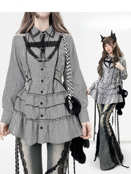 Strap Shirt Bittersweet Stripe Self-tie Black -