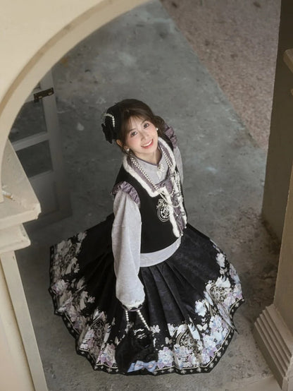 ブラックムーンラビット チャイナドレス風プリーツミディスカート