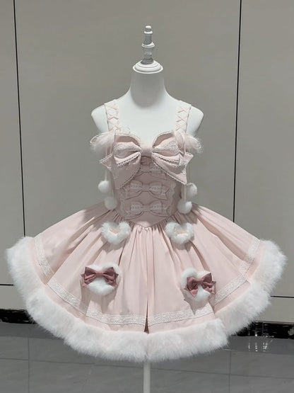 with Lolita Accents Plush Green Mint Pink Winter Bow / Sweet JSK Dress and Hemline