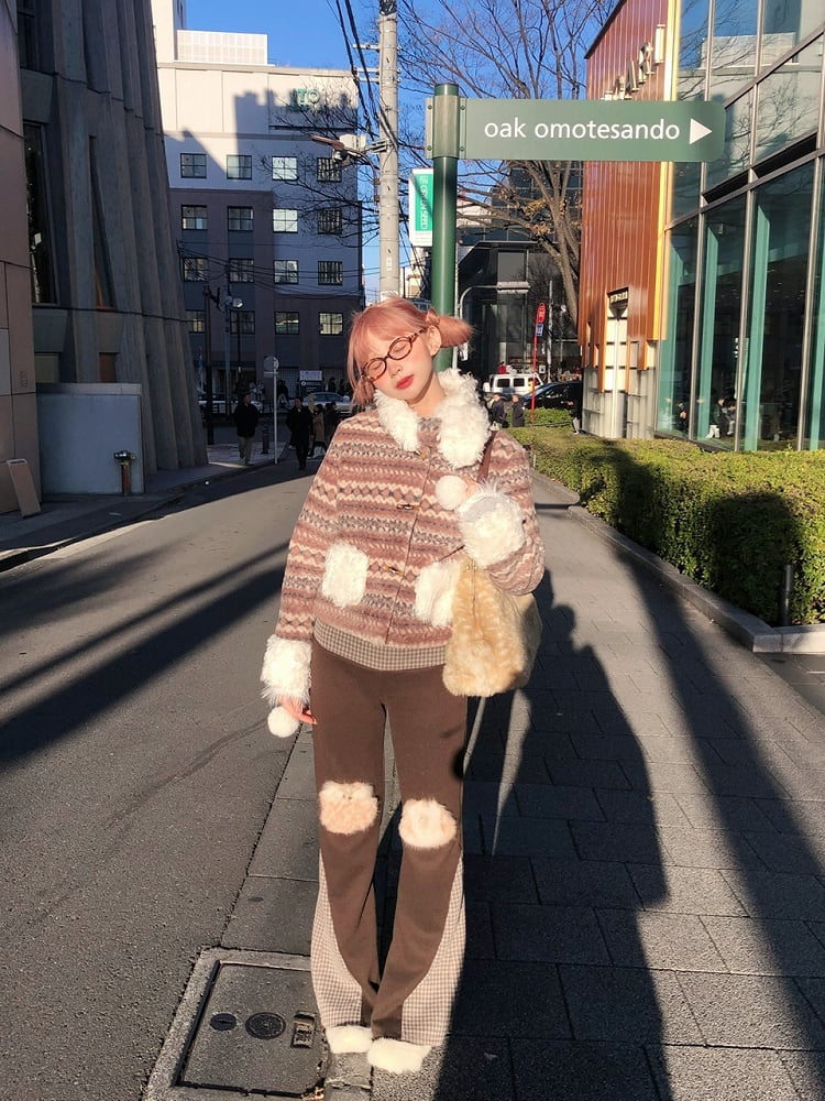 Brown Pants Knee with Flare Accents Patchwork Plaid Vintage-Inspired Fuzzy