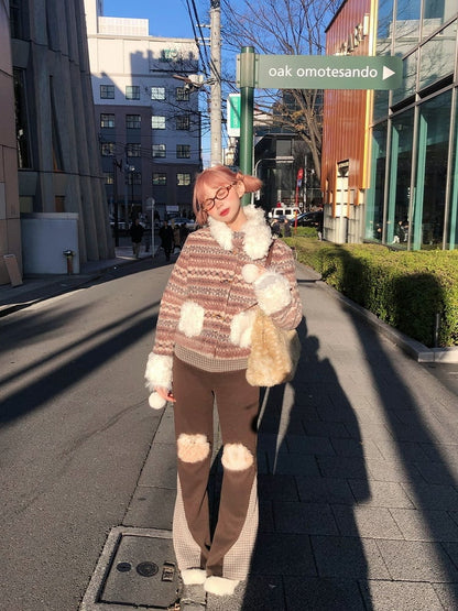 Brown Pants Knee with Flare Accents Patchwork Plaid Vintage-Inspired Fuzzy