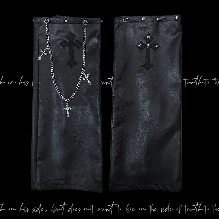 with Gothic Punk Black Cross Applique PU Studded Glamorous Chain Leg Warmers