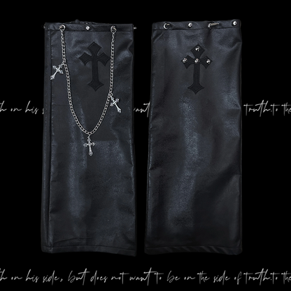 with Gothic Punk Black Cross Applique PU Studded Glamorous Chain Leg Warmers