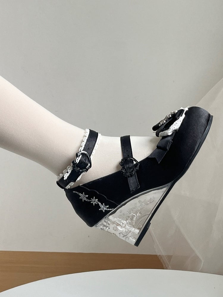 Vintage Black Snow Embroidery Round Toe Heel Shoes - Vintage Sweetheart