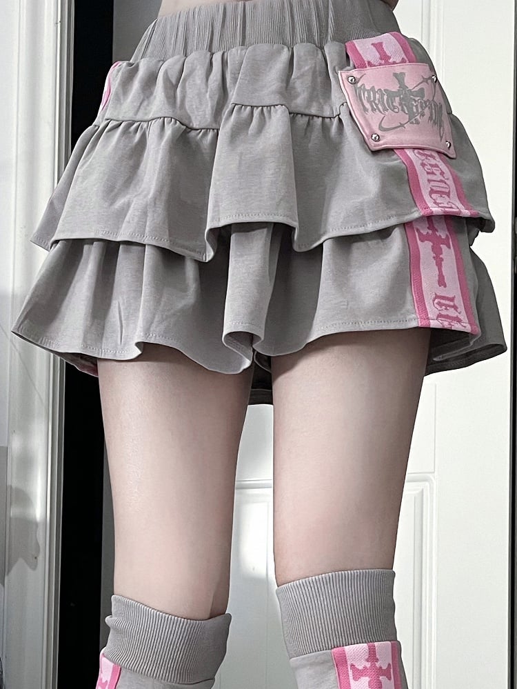 with Trim Cross Ruffle Multi-Layer Skirt Pink Text Gray