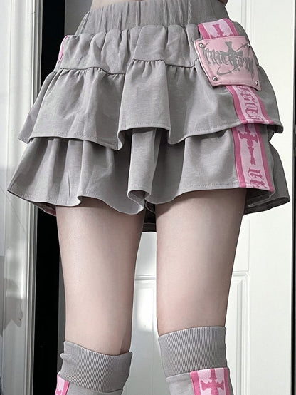 with Trim Cross Ruffle Multi-Layer Skirt Pink Text Gray