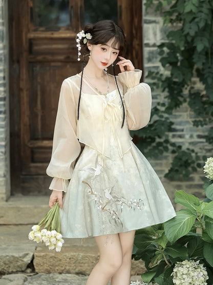 Sheer Top Set with Light Green Sleeveless Dress, Floral and Bird Embroidery, Modern Chinese Style - Han Ru Chu Hanfu &amp; Han-Element Studi