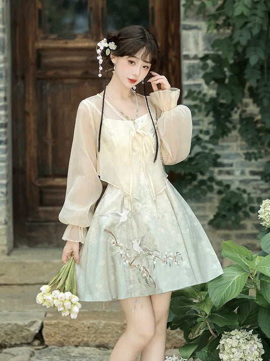 Sheer Top Set with Light Green Sleeveless Dress, Floral and Bird Embroidery, Modern Chinese Style - Han Ru Chu Hanfu &amp; Han-Element Studi
