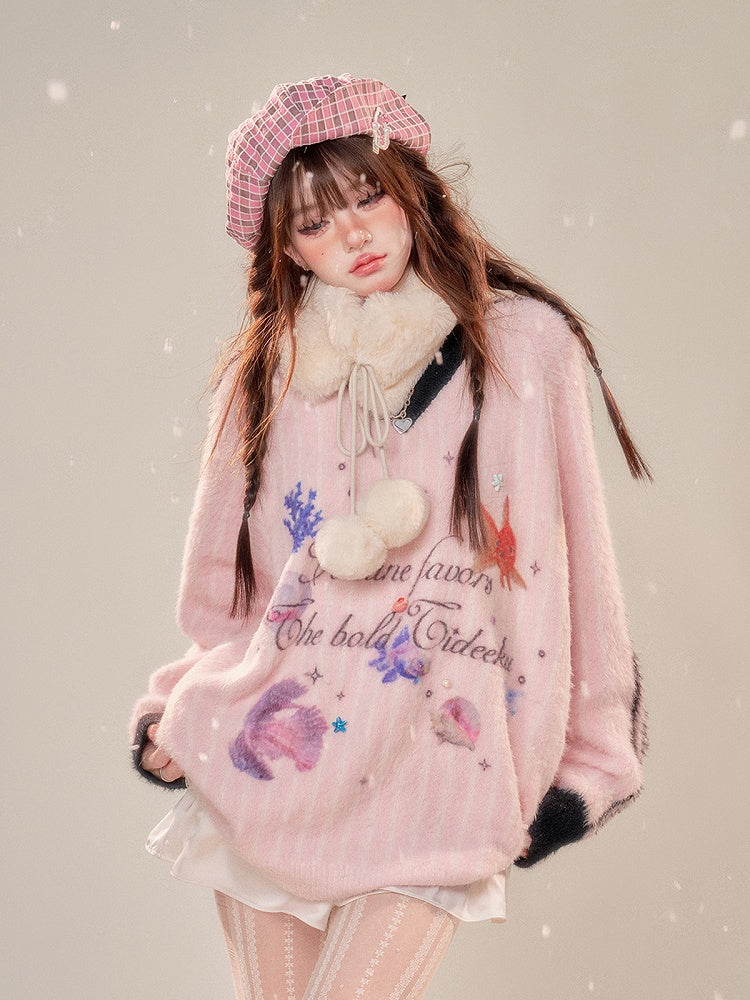 V-Neck Plush Sweater with Oceanic Prints Cozy Pink Stripes