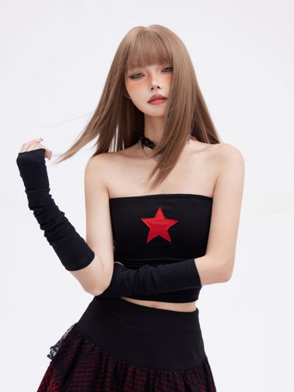 Glamorous Vintage Schwarzes, eng anliegendes Bustier-Top mit rotem Sternenmuster