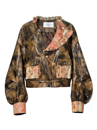 Collar Lace Orange Brown Millard 3D PU Asymmetrical with Steampunk Pockets Jacket