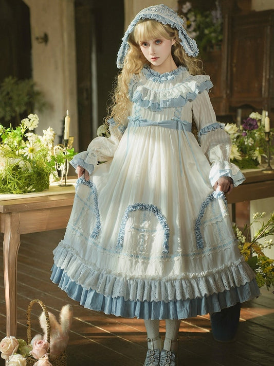 Blue Lolita White Ruffle Dress with Long Sweet Sash Sleeves and Details