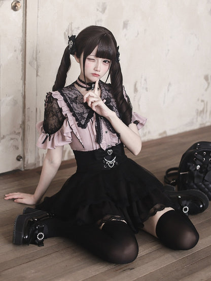 Jirai Kei Black & Pink Lace Cutout Shoulder Short Sleeve Ruffle Blouse - Ekomi