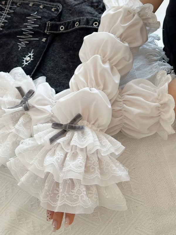 Lace Hollow-out Cuffs White Bowknot Gray/Pink/Black Sleeves Tiered Lolita With Details