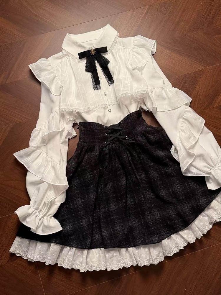 Bow High-Waisted Blouse + White Decor Kei Black Ruffle - Lace Skirt Plaid with Set Jirai