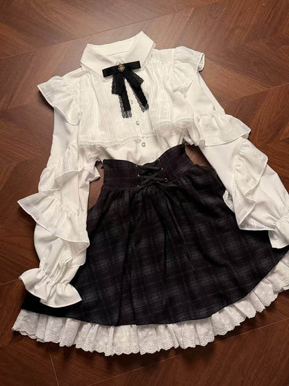 Bow High-Waisted Blouse + White Decor Kei Black Ruffle - Lace Skirt Plaid with Set Jirai
