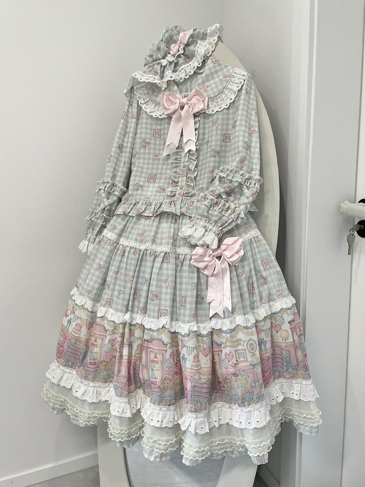 Sweet Peter Hat Lolita Plaid + Pan Print Top Bear Set Collar Skirt Pink Green