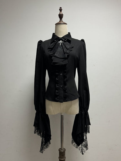 Lolita Long Sleeves with Jabot Black Detachable Shirt Gothic