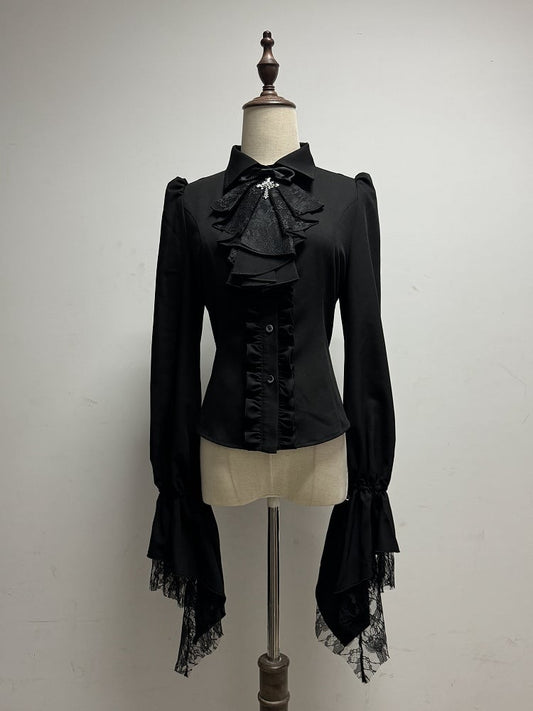 Lolita Long Sleeves with Jabot Black Detachable Shirt Gothic