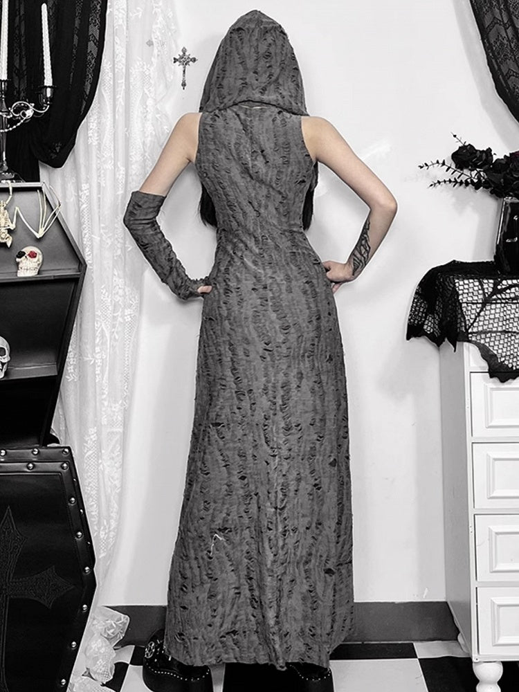 Hooded Gray Distressed Wasteland Sleeve Thigh-High Sleeveless with Hole Slit Dress Punk Arm