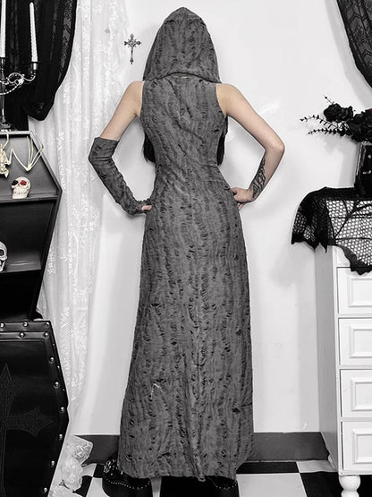 Hooded Gray Distressed Wasteland Sleeve Thigh-High Sleeveless with Hole Slit Dress Punk Arm