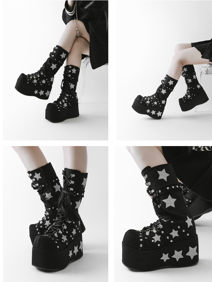 Font Shining Heels Gyaru Chunky Boots Star Plateau Schwarz Schnürung Wadenlang