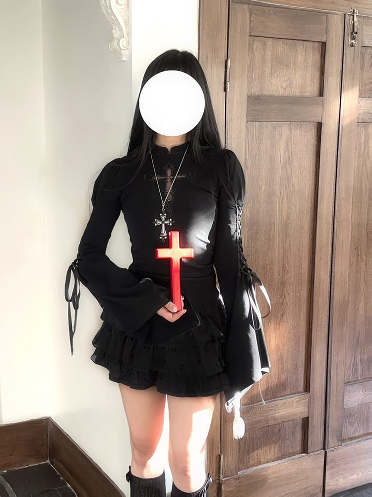 Black Trim Three-Tiered Mini Skirt Lace