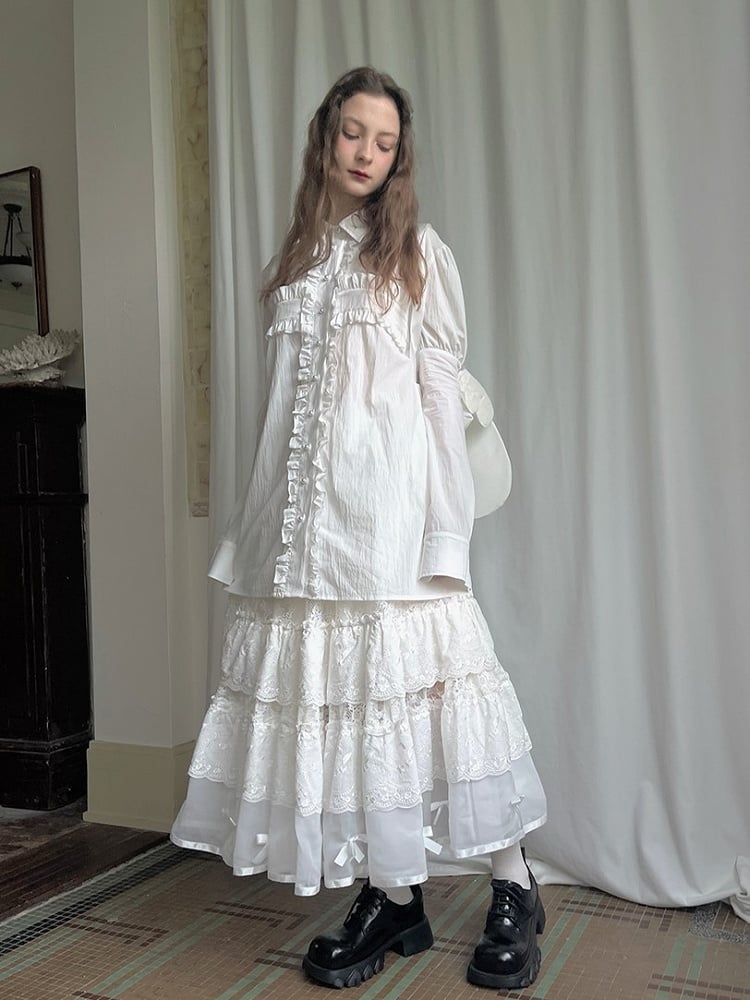 Skirt with Angel White Maxi Tiered Lace Embroidery and Bow Accents