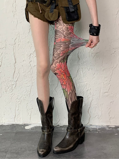 Print Asymmetrical Tattoo Nude Tights Floral Design Y2K