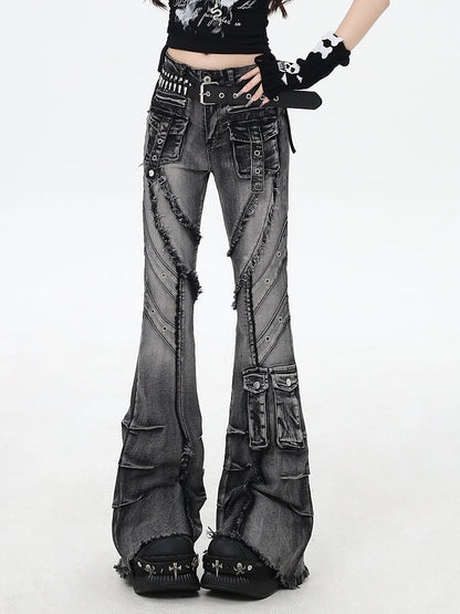 ブラック ライズ ロウヘム フェードウォッシュ フレア カーゴジーンズ Y2K ロー