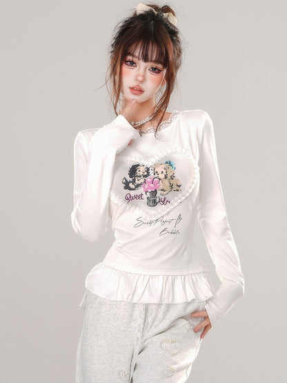 Grey/White Puppies Print Ruffle Hem Slim-fit T-shirt