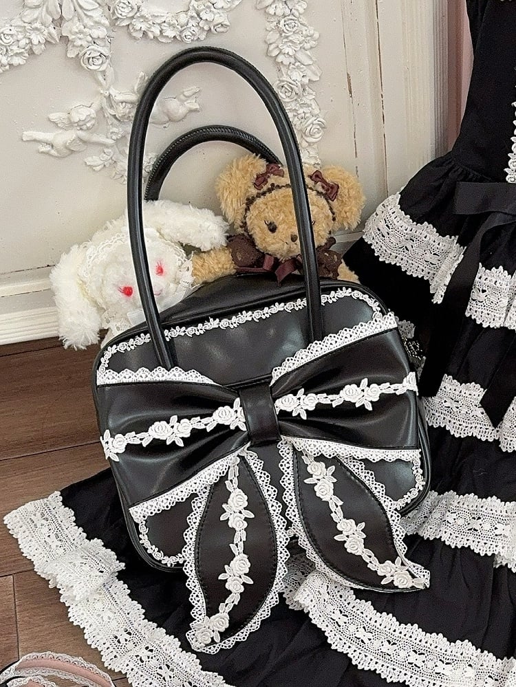 Bag Lolita Bow Sweet PU Square Big Lace with Front School Black White and Old Trim