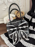Bag Lolita Bow Sweet PU Square Big Lace with Front School Black White and Old Trim