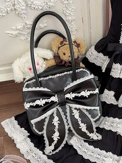 Tasche Lolita Schleife süß PU quadratisch große Spitze mit Front Schule schwarz weiß und alten Trim