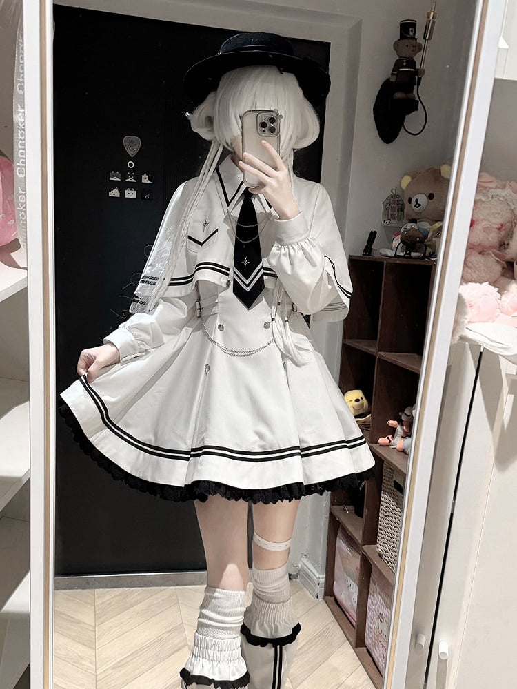 Warmers Dress Jirai 4-Piece Cape - Leg + Ruffled White Sailor-Collar Set Necktie Kei Long-Sleeve