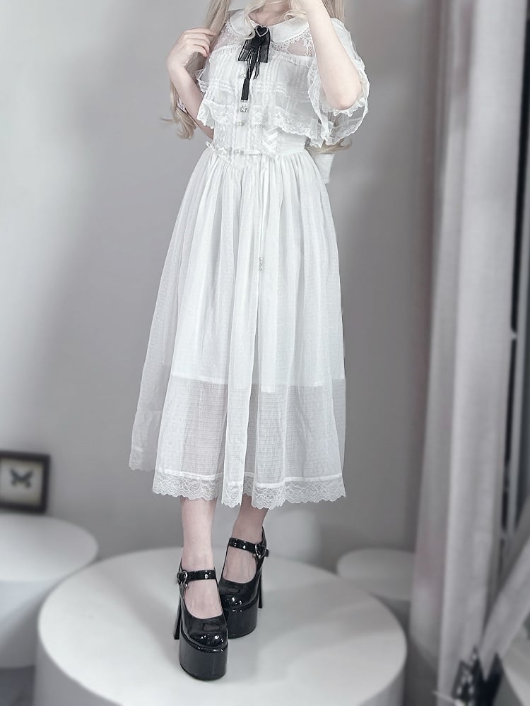 Kei Design Jirai Long and Lace-up Waist Fabric with Cape White Dress Chiffon