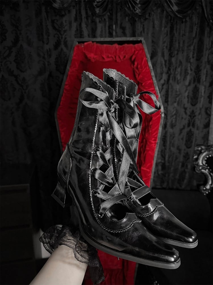 Polished Gothic Pointed-Toe Boots, Lace-Up & Back Zip, Black - EvilStar