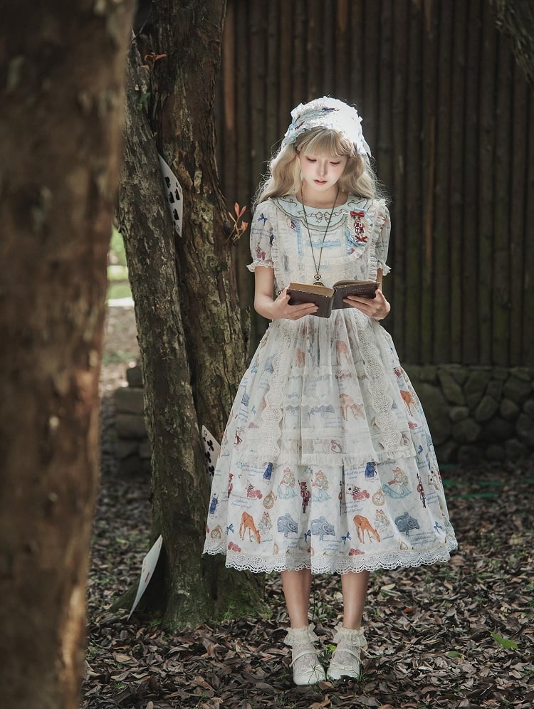 Azure Alice in Wonderland Print Round Neck Sweet Gown with Drawstring Waist - Forest Fairy Tales