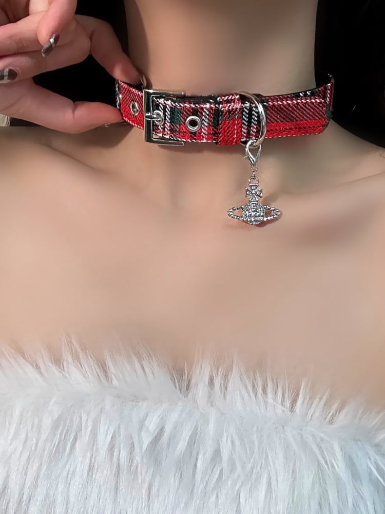 レッドチェック柄パンクチョーカー