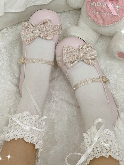 Pink Round Decorated Shoes Strawberry Top at Toe Buckle Bow Heart Lolita Beaded